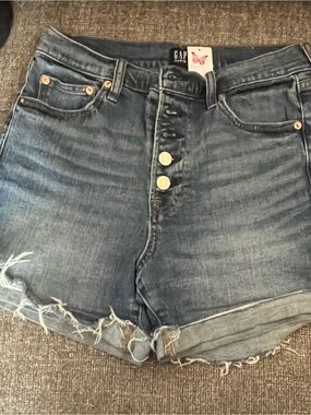 GAP High-Rise Button-Fly Distressed Denim Shorts - Blue